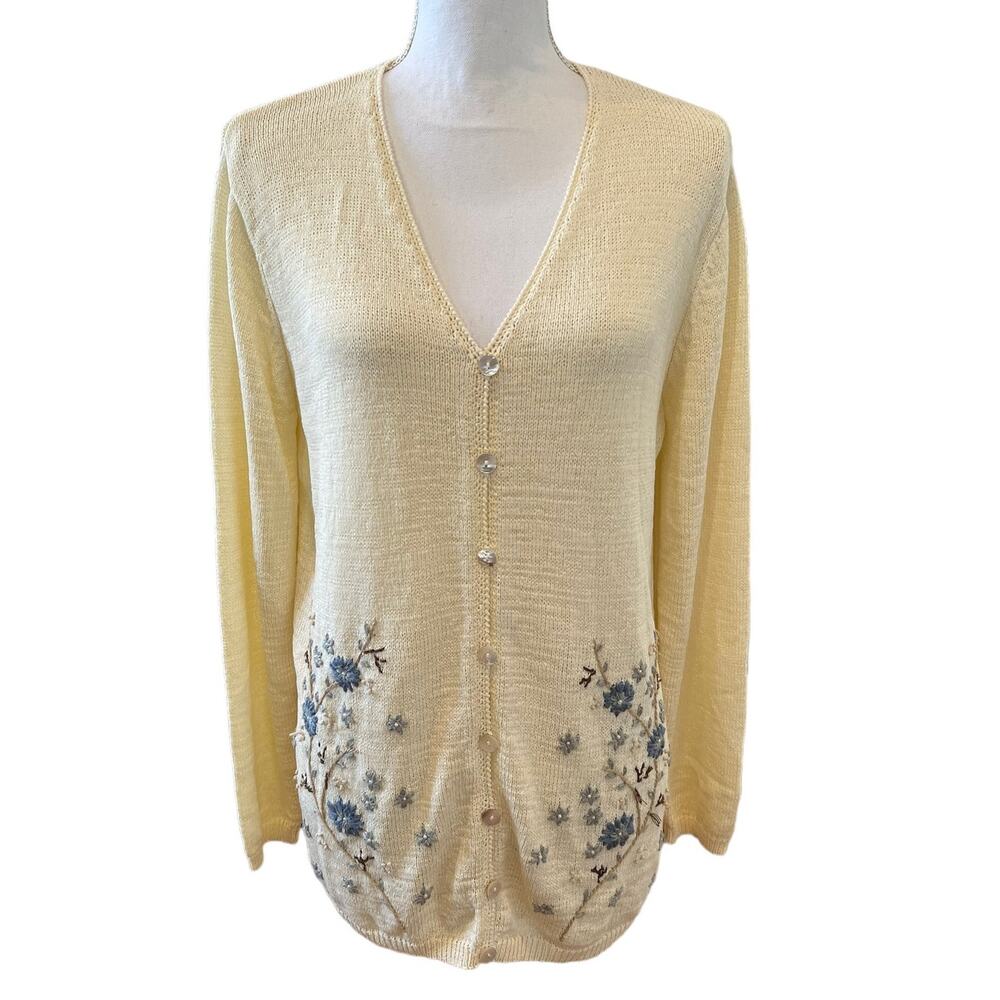 Vintage Talbots Floral Embroidered Cardigan Sweater Cream